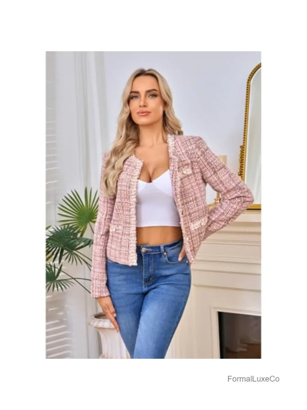 Cropped Tweed Blazer Long Sleeve Crewneck Open Front Lace Trim Lightweight